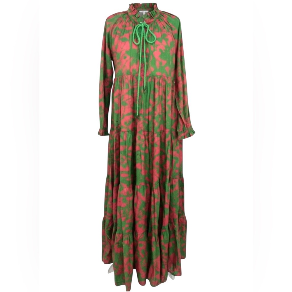 Eywasouls Cora Cotton Tropical Long Sleeve High Ruffle Split Neck Maxi Dress